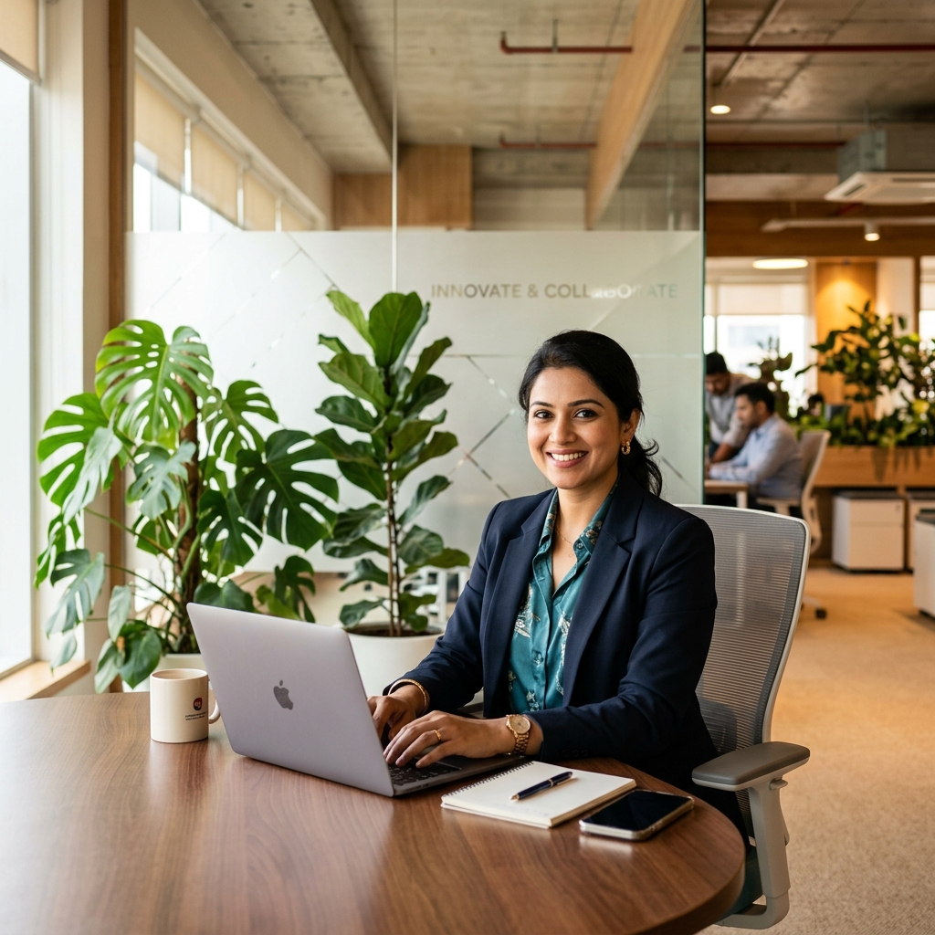 Happy professional woman using ERP on laptop